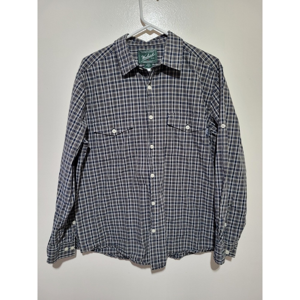 Woolrich Plaid Button Down Shirt Mens Large Blue Tan long Sleeve